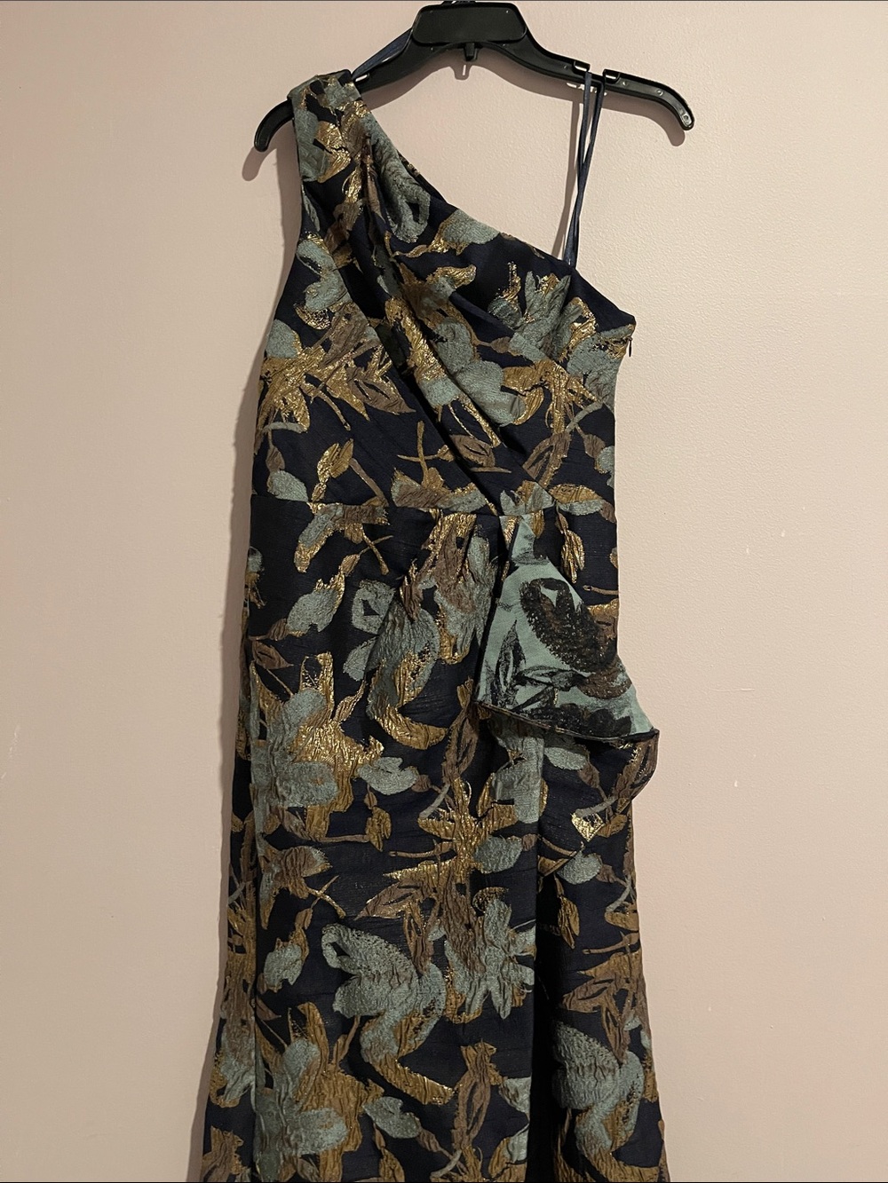 Adrianna Papell Black One-Shoulder Floral Jacquard Gown with Gold Accents - Picture 7 of 16